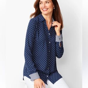 Talbots DOT BUTTON-FRONT BLOUSE Navy Polka Dot Shirt stripes women’s Medium NWOT